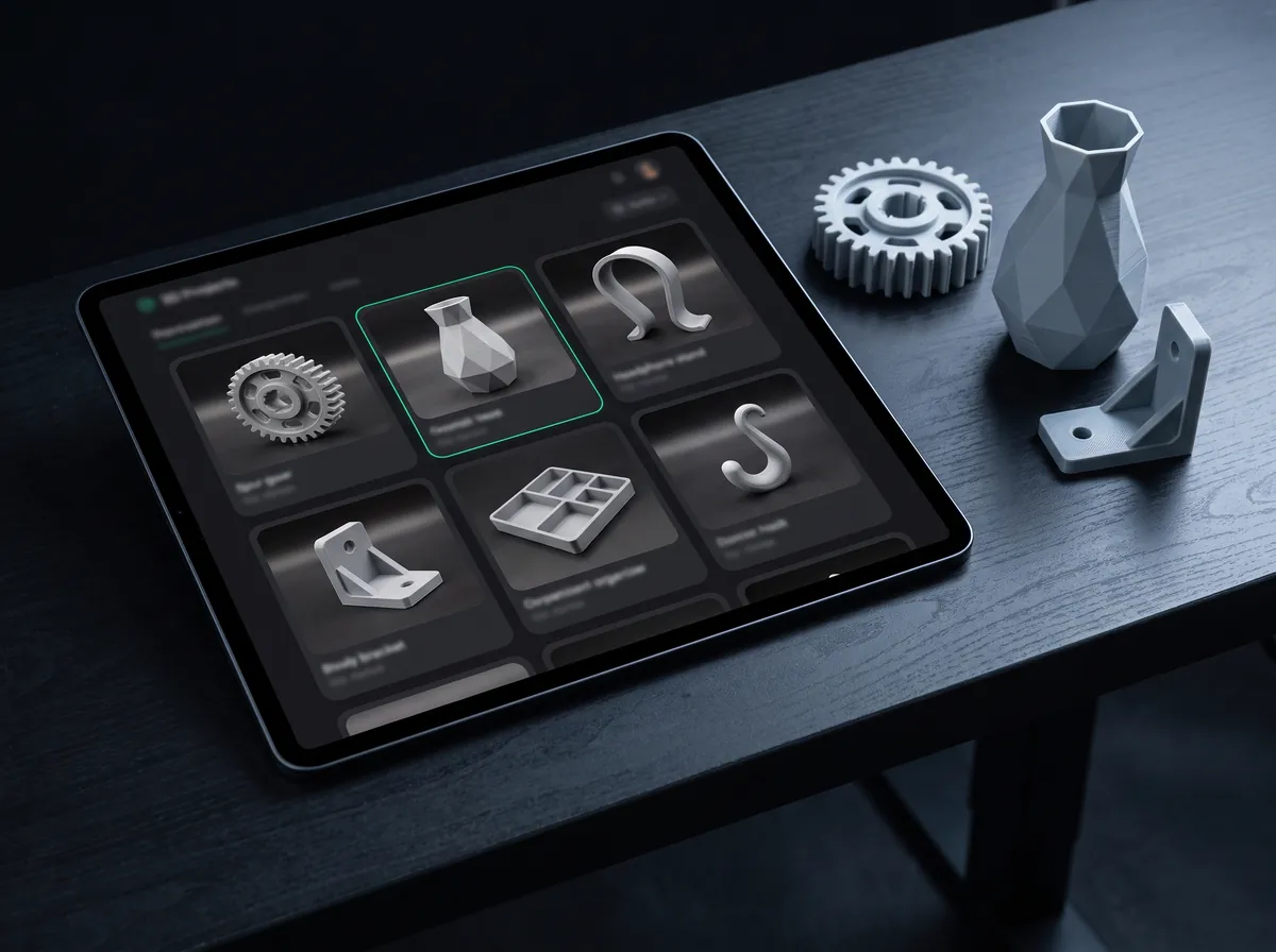 Catálogo de modelos 3D prontos num tablet, ao lado de peças já impressas