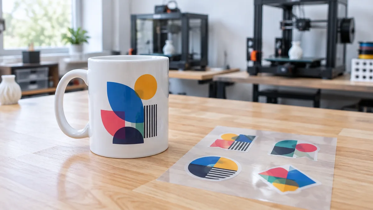 Caneca branca de cerâmica com adesivo DTF UV colorido aplicado na lateral, ao lado de uma folha de transfer com adesivos recortados, sobre bancada clara de fábrica de impressão 3D