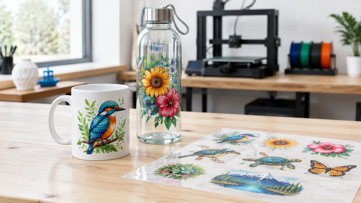 Caneca branca e garrafa de vidro com adesivos DTF UV coloridos aplicados, ao lado de uma folha A3 de adesivos, numa bancada clara de fábrica de impressão 3D