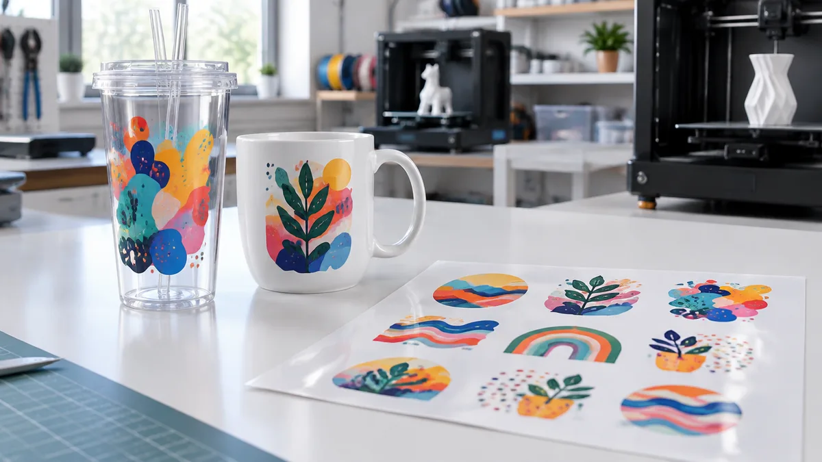 Copo transparente e caneca branca com adesivos DTF UV coloridos aplicados, ao lado de uma folha de adesivos impressa, sobre bancada clara de fábrica de impressão 3D
