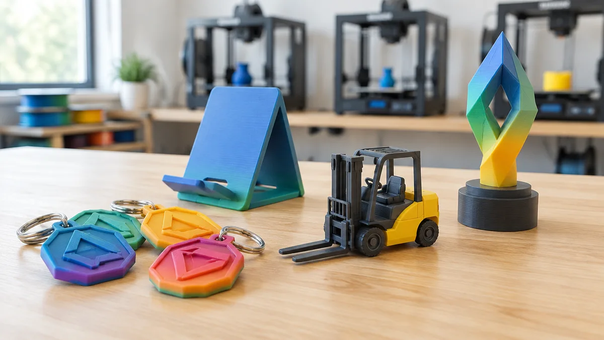 Brindes impressos em 3D sobre bancada clara de uma fábrica de impressão 3D: chaveiros coloridos com emblema em relevo, suporte de celular, miniatura de empilhadeira e um pequeno troféu, com impressoras ao fundo