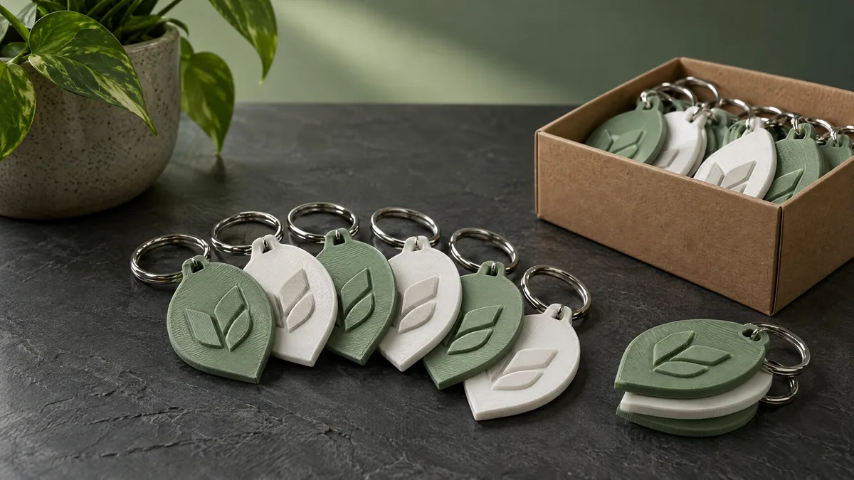Chaveiros impressos em 3D em verde e branco com um emblema em relevo, espalhados sobre a mesa e guardados numa caixa de papelão