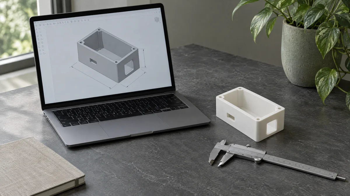 Notebook com uma caixa desenhada em 3D ao lado da peça impressa e de um paquímetro