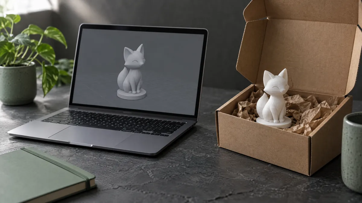 Notebook com modelo 3D na tela ao lado da mesma peça já impressa dentro de uma caixa de envio