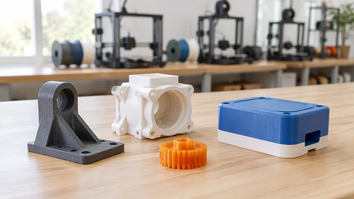 Peças impressas em 3D em cinza, branco, laranja e azul sobre bancada clara de uma fábrica de impressão 3D, com impressoras ao fundo
