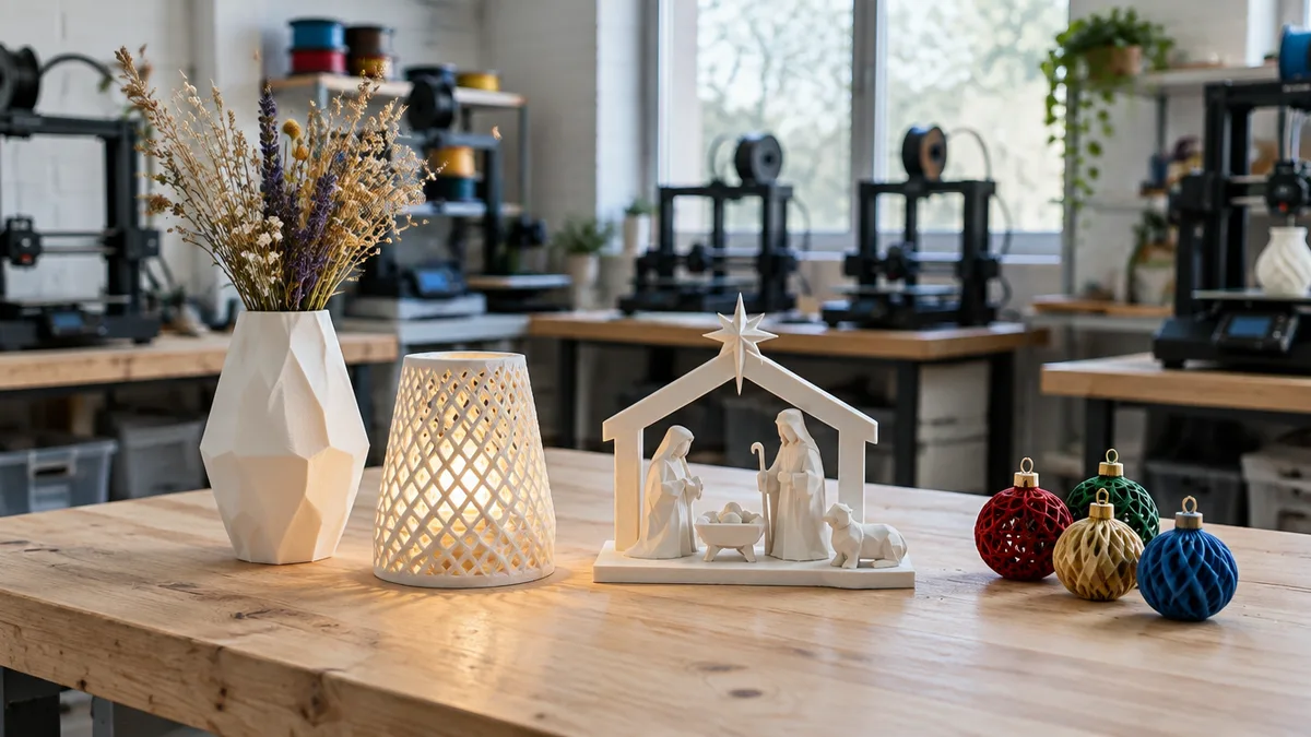 Vaso geométrico branco, cúpula de luminária vazada, presépio minimalista e enfeites de Natal coloridos impressos em 3D sobre bancada de madeira clara da fábrica