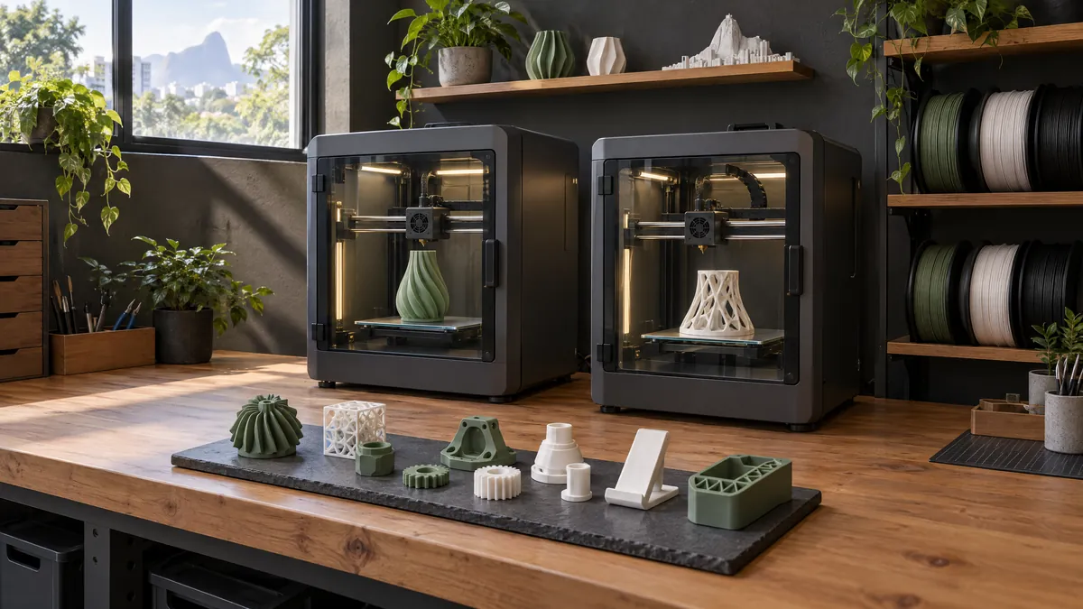 Oficina de impressão 3D com impressoras fechadas e peças prontas sobre a bancada