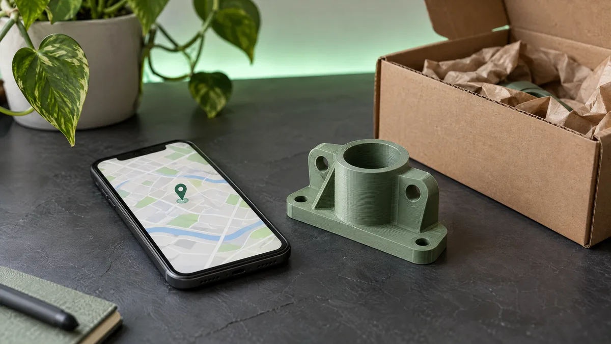 Celular com um mapa e um marcador de localização ao lado de uma peça verde impressa em 3D e de uma caixa de envio aberta