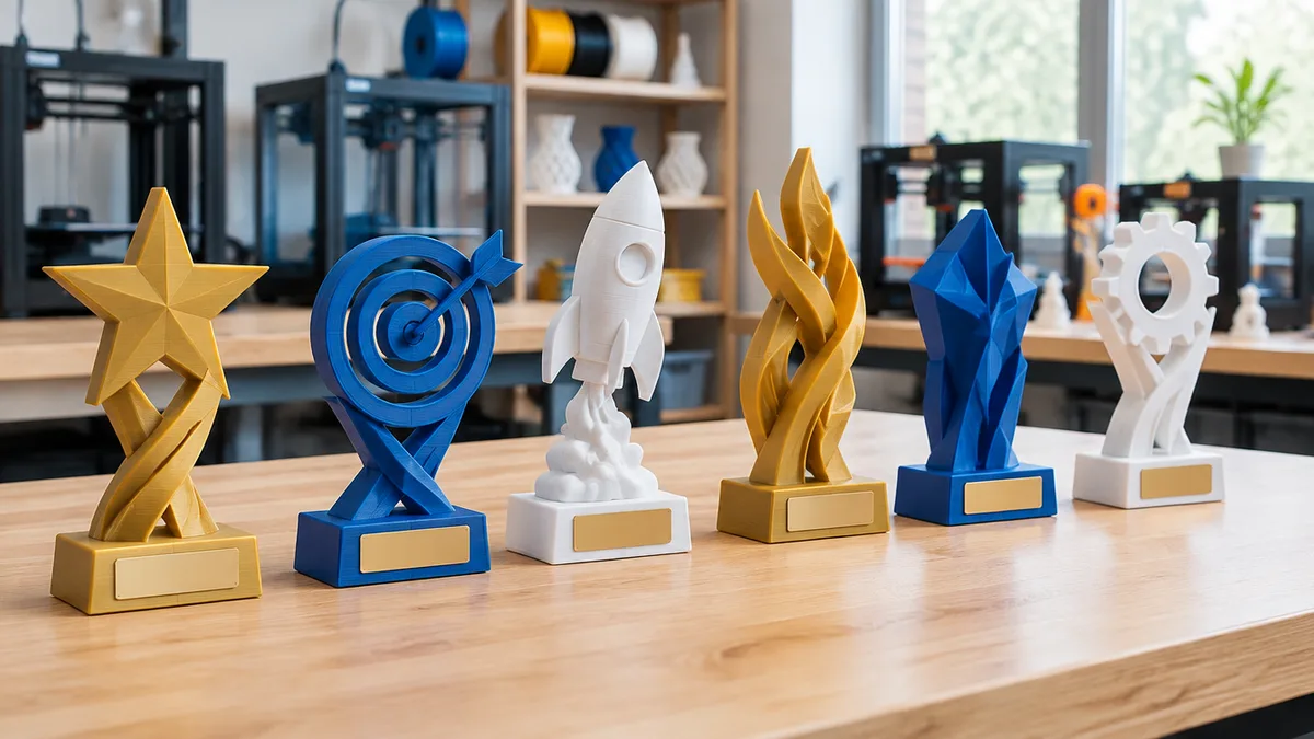 Troféus coloridos impressos em 3D, com formatos de estrela, alvo e foguete, enfileirados numa bancada clara de fábrica, com impressoras 3D ao fundo