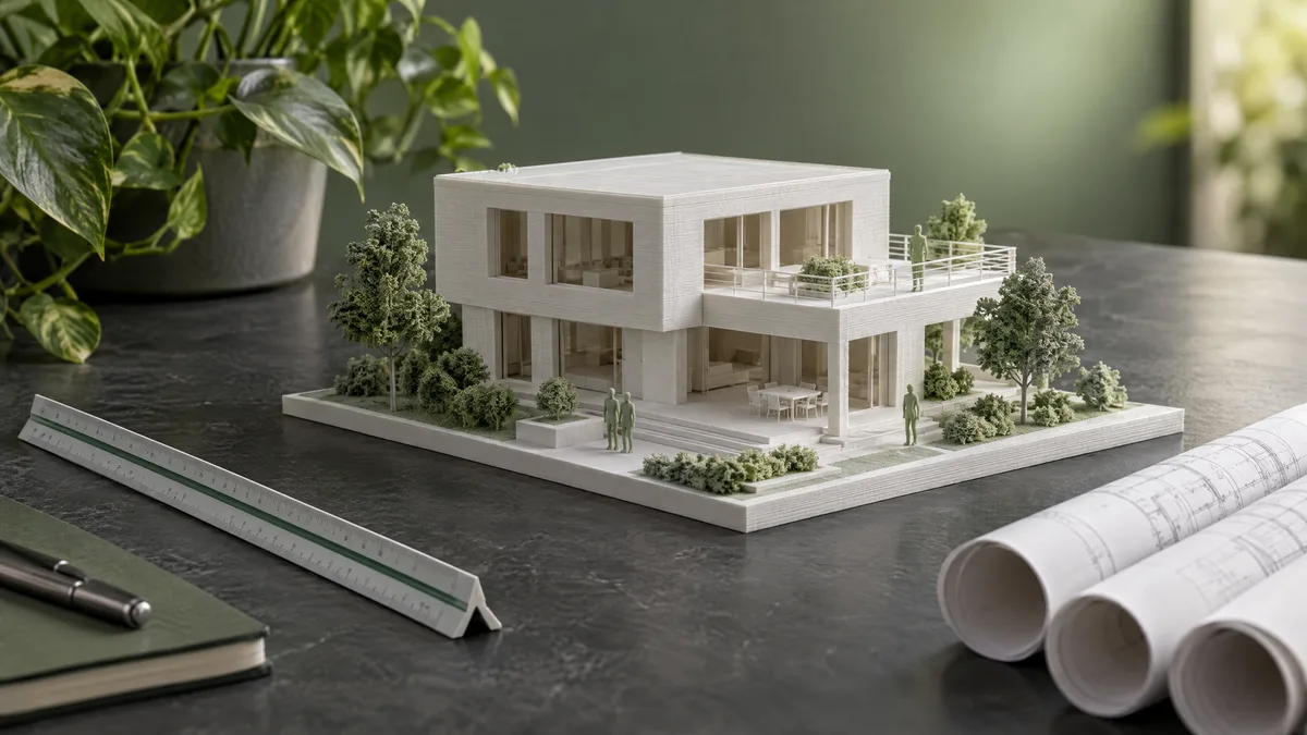 Maquete branca de uma casa moderna de dois andares impressa em 3D, com árvores e bonecos verdes em escala, régua de arquiteto e plantas enroladas