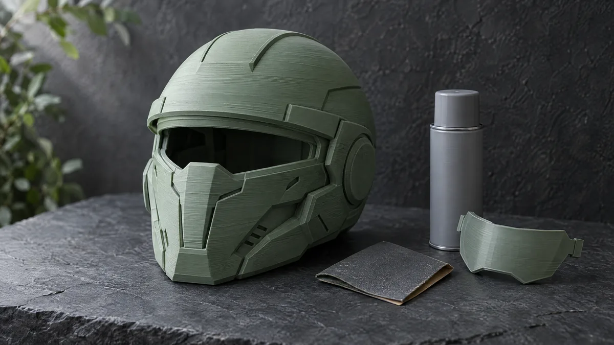 Capacete de cosplay impresso em 3D, ainda sem pintura, ao lado de lixa, primer e viseira