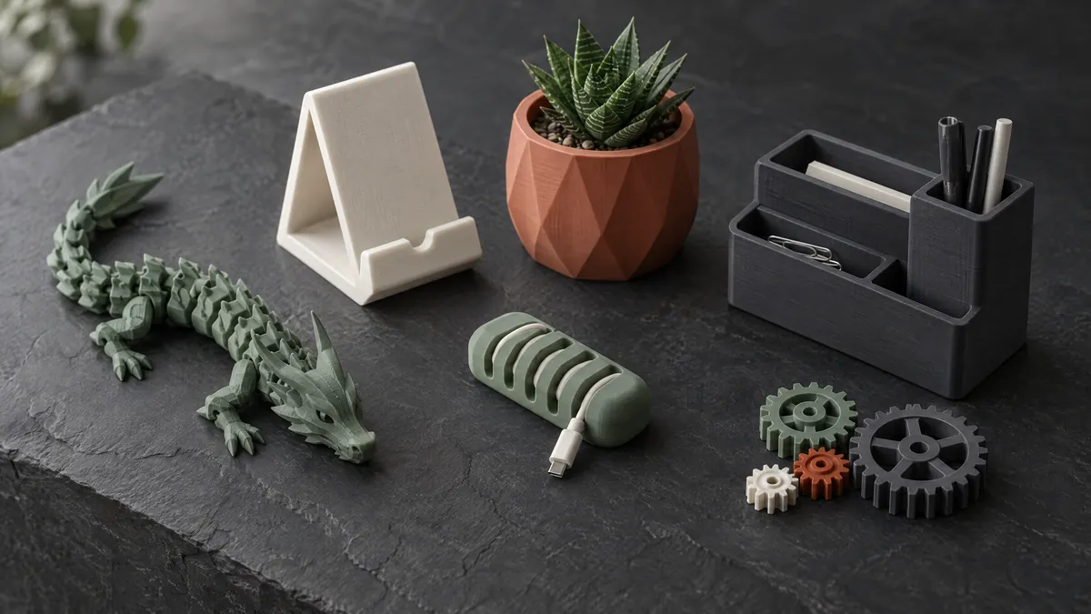 Coleção de objetos impressos em 3D em cores variadas sobre pedra escura