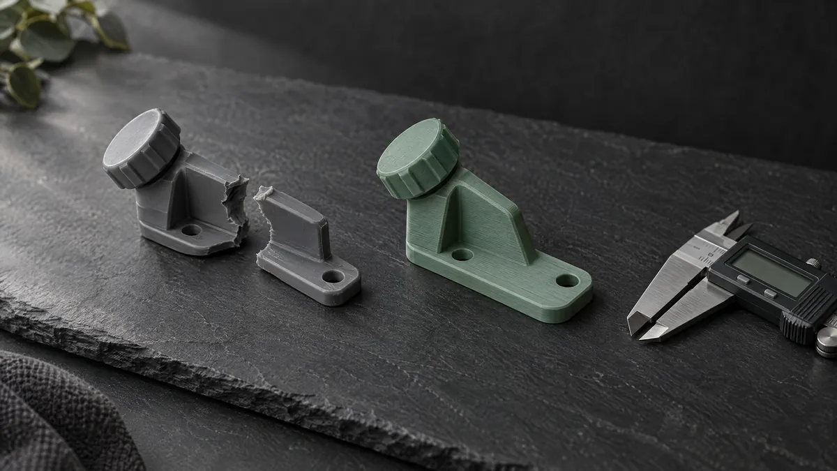 Peça plástica quebrada ao lado da réplica impressa em 3D em PETG verde e de um paquímetro