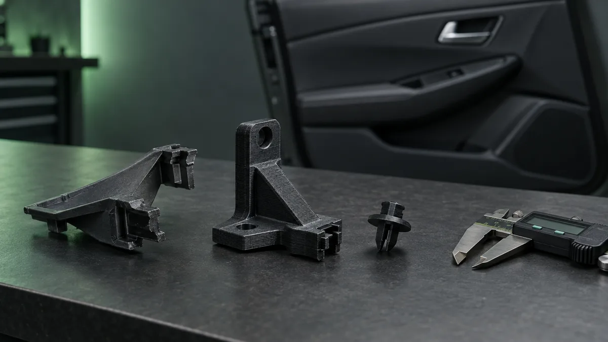 Suporte e clipe de acabamento automotivo impressos em PETG preto ao lado da peça original quebrada e de um paquímetro