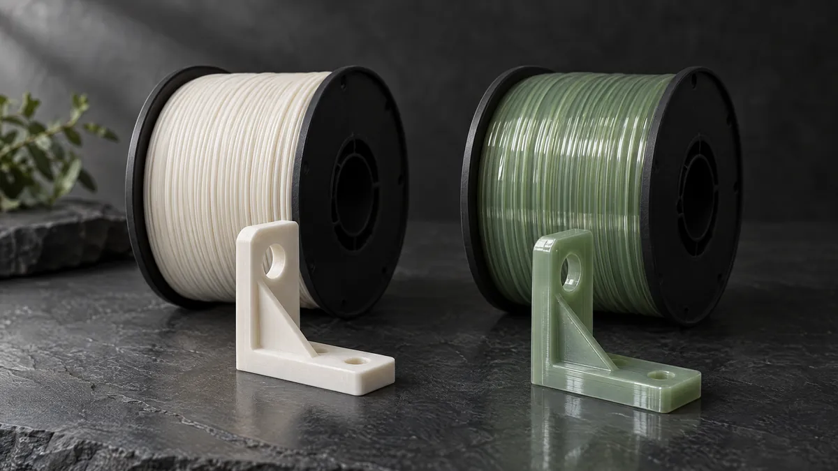 Carretéis de PLA branco e PETG verde translúcido com a mesma peça impressa em cada material