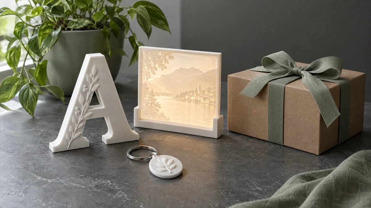 Litofania com foto iluminada por trás, nome em relevo e chaveiro impressos em 3D sobre uma mesa com papel de presente