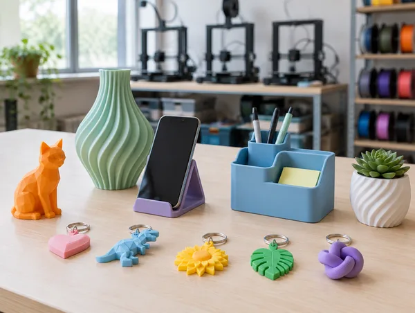 Chaveiros, vaso, suporte de celular e organizador impressos em 3D em várias cores