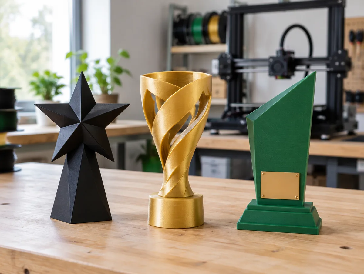 Três troféus impressos em 3D nas cores preta, dourada e verde sobre a bancada da fábrica