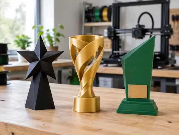 Três troféus impressos em 3D nas cores preta, dourada e verde sobre a bancada da fábrica