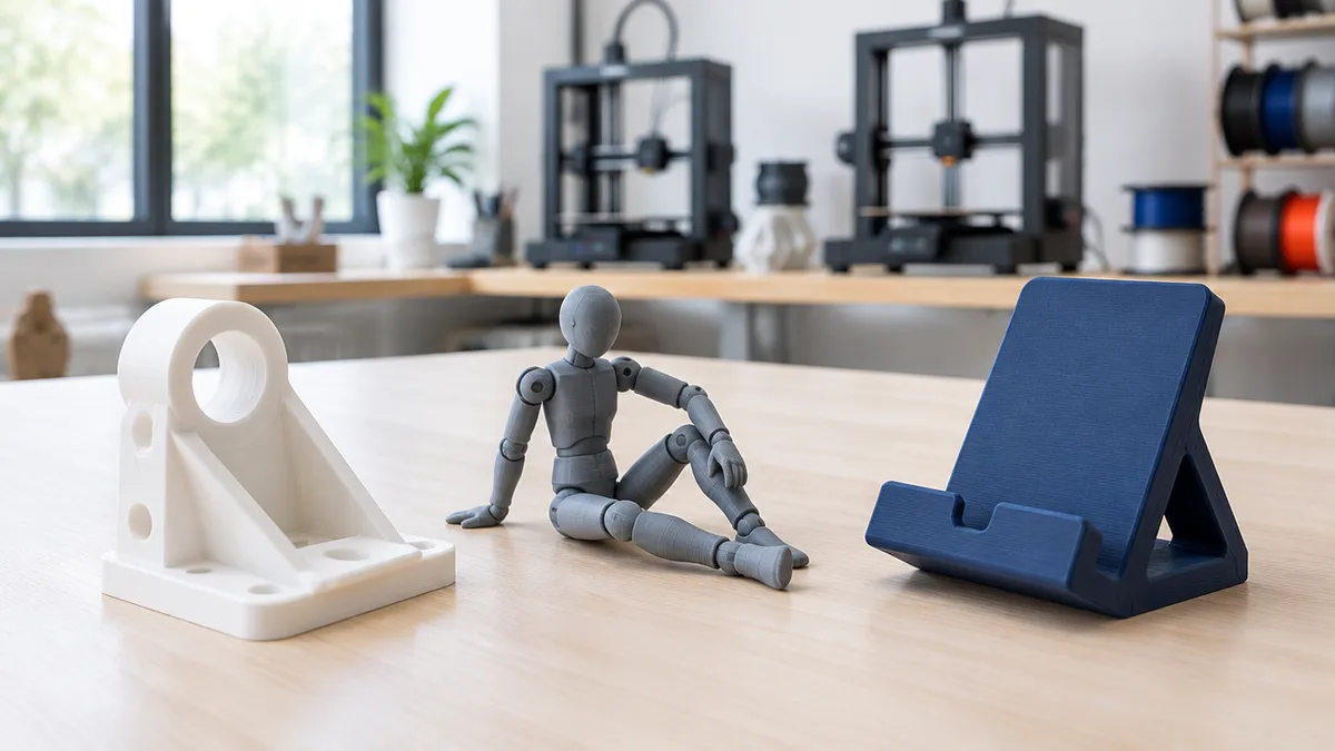 Peças impressas em 3D (suporte branco, boneco articulado cinza e apoio de celular azul) sobre bancada clara de uma fábrica de impressão 3D, com impressoras e rolos de filamento desfocados ao fundo