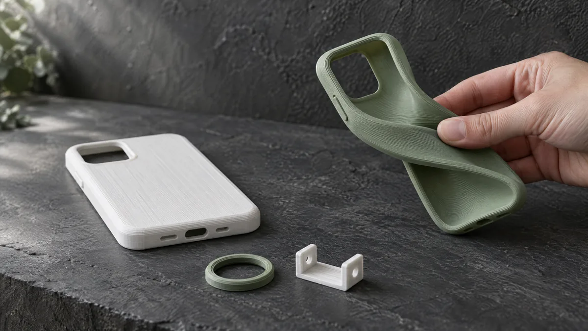 Duas capas de celular impressas em 3D: uma rígida em PLA branco e outra flexível em TPU verde sendo dobrada