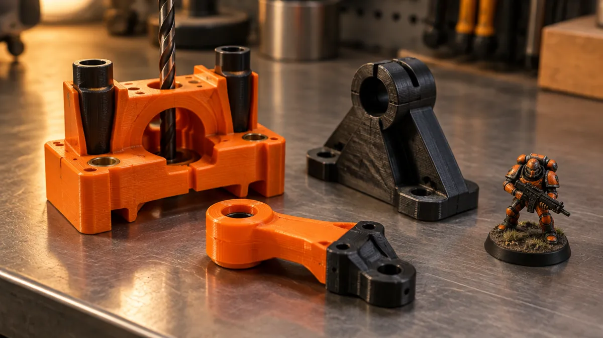 Gabarito de furação, peça industrial e miniatura impressos em 3D sobre bancada de aço