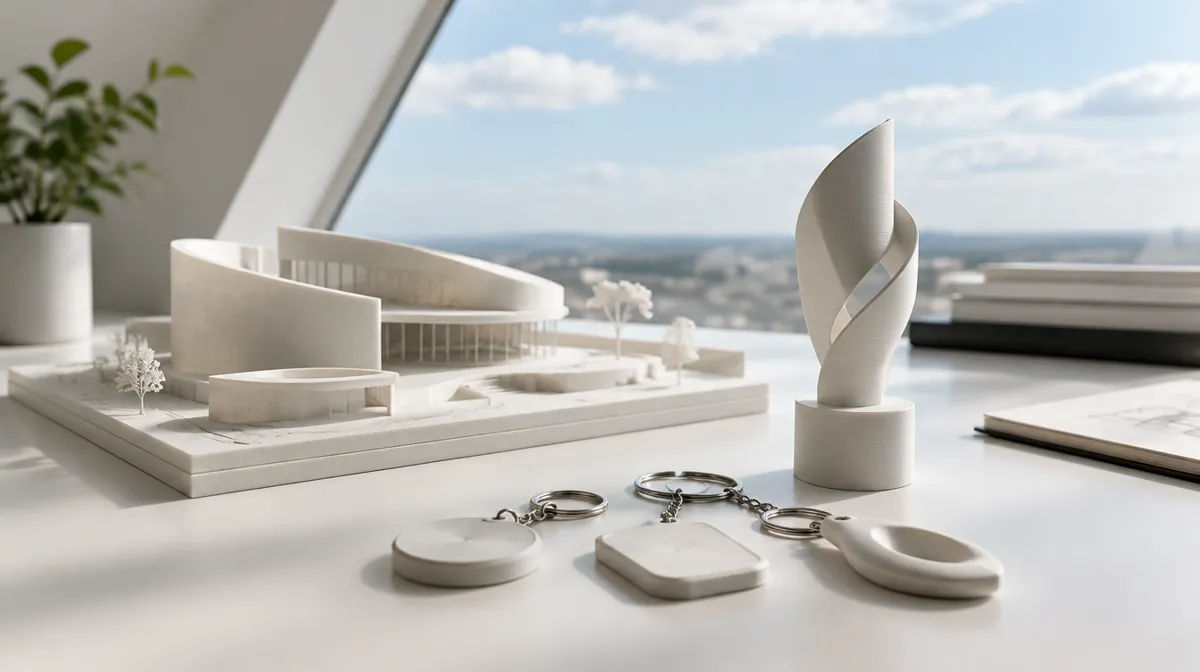 Maquete de arquitetura modernista, troféu e chaveiros impressos em 3D