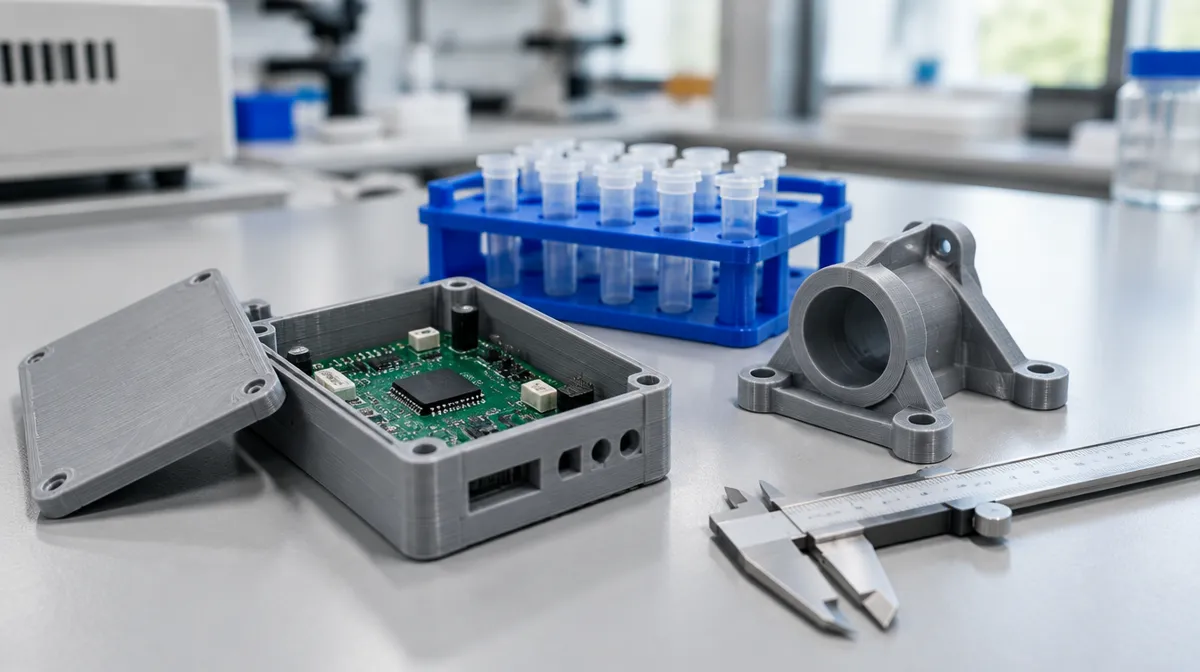 Caixa para placa eletrônica, suporte de tubos de laboratório e peça de engenharia impressos em 3D