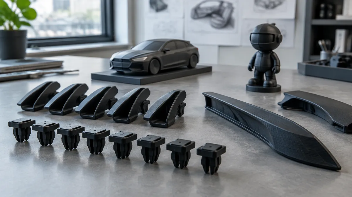 Lote de presilhas automotivas iguais, miniatura de carro e boneco impressos em 3D