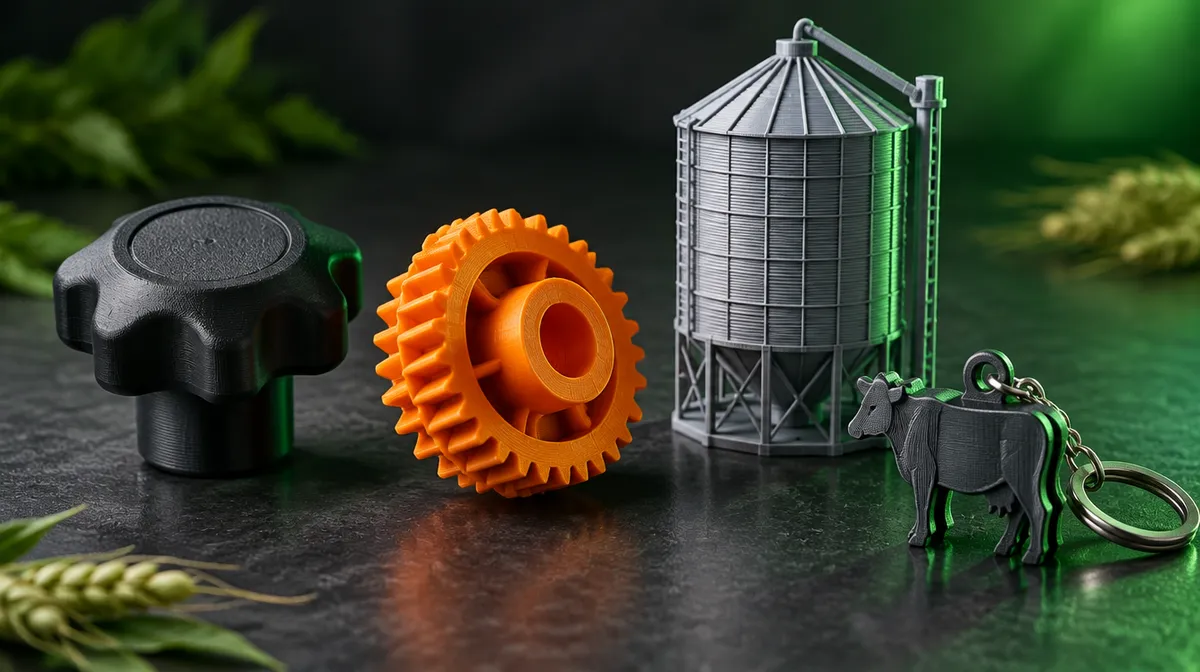 Botão de trator, engrenagem de plantadeira e maquete de silo impressos em 3D
