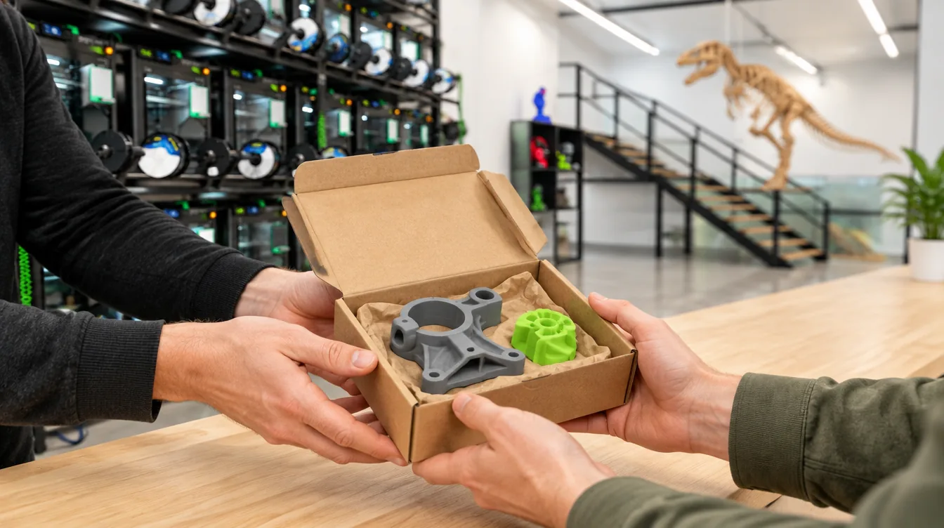 Cliente retirando uma caixa com peças impressas em 3D no balcão da oficina da NEO, com o T-Rex impresso e as impressoras ao fundo