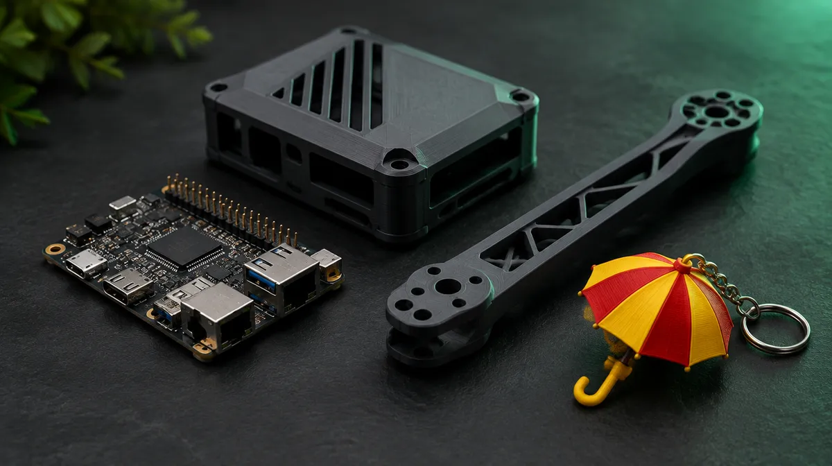 Caixa para placa eletrônica, peça de drone e chaveiro de sombrinha de frevo impressos em 3D