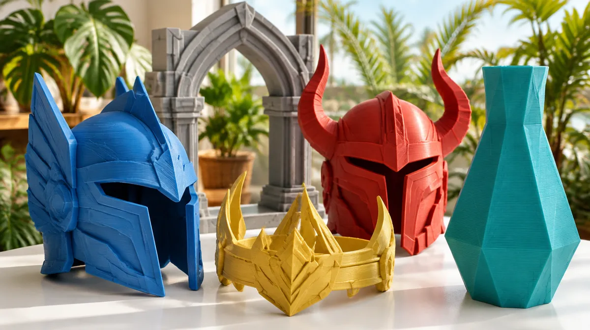 Capacetes de cosplay, coroa, arco cenográfico e vaso impressos em 3D