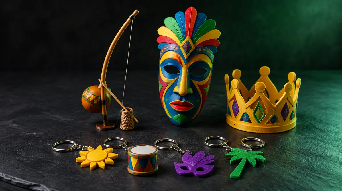 Miniatura de berimbau, máscara decorativa e chaveiros coloridos impressos em 3D