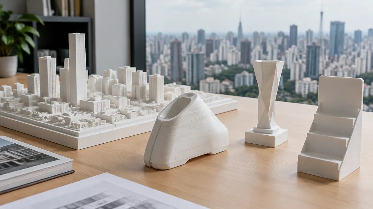 Maquete de prédios, protótipo e expositor impressos em 3D sobre mesa de escritório