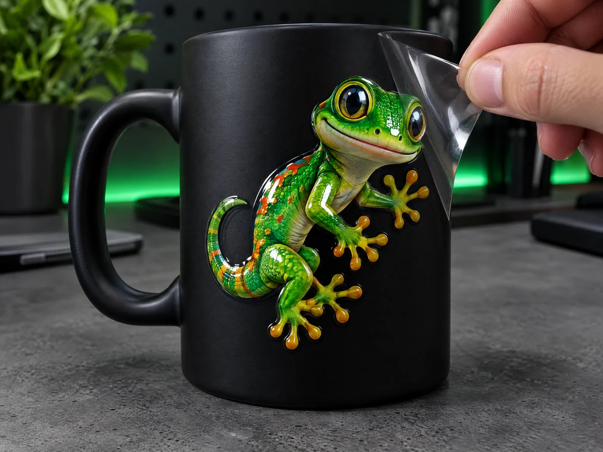 Mão retirando o filme transparente de um adesivo DTF UV de lagarto aplicado em uma caneca preta