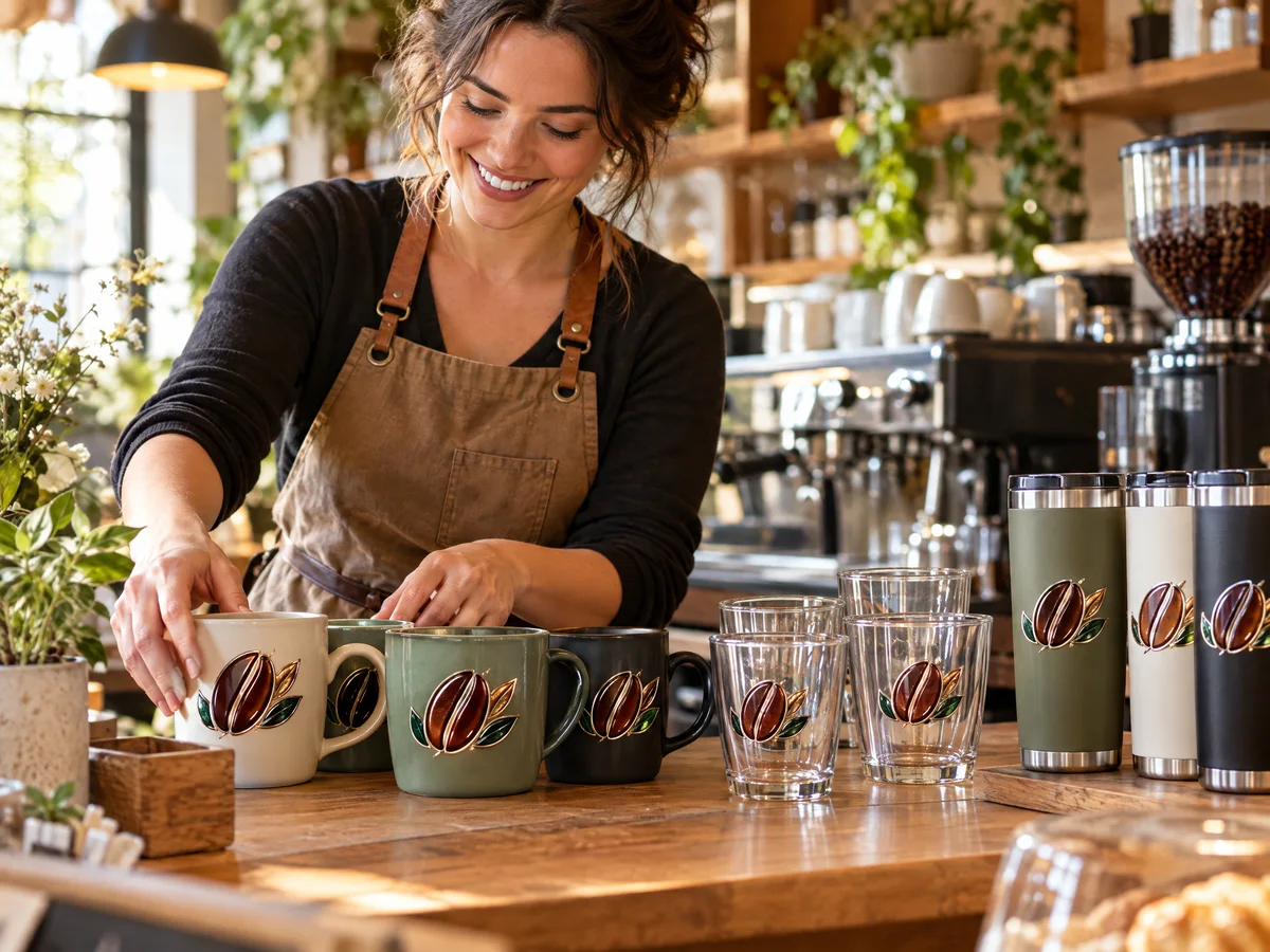 Barista organizando canecas, copos e garrafas térmicas com o emblema da cafeteria em adesivo DTF UV