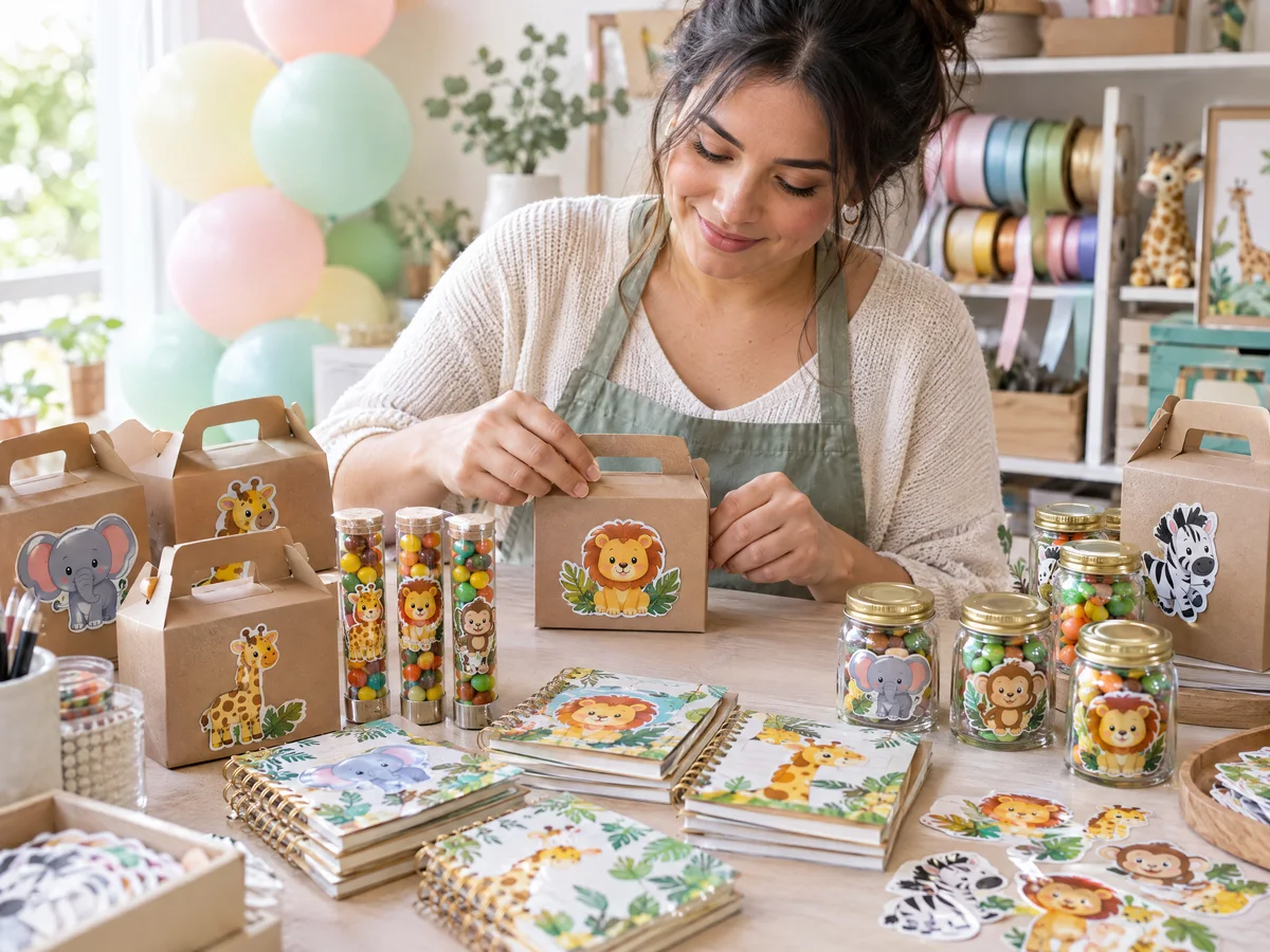 Kits de festa com caixinhas, tubetes, potes e cadernos decorados com adesivos DTF UV de bichinhos