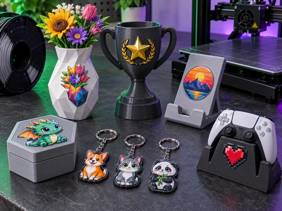Peças impressas em 3D decoradas com adesivos DTF UV: vaso, troféu, suporte de celular, chaveiros e caixa