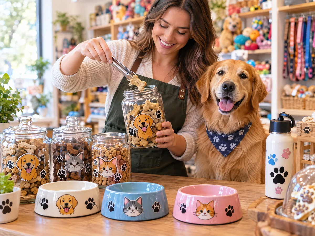 Potes de petiscos, comedouros e garrafa de pet shop com adesivos DTF UV de cachorro e gato