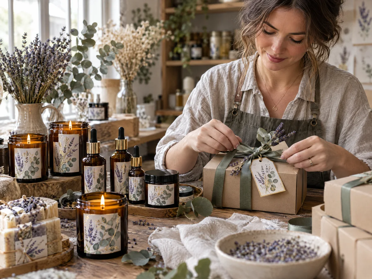 Velas e frascos de cosméticos artesanais com rótulos botânicos em adesivo DTF UV
