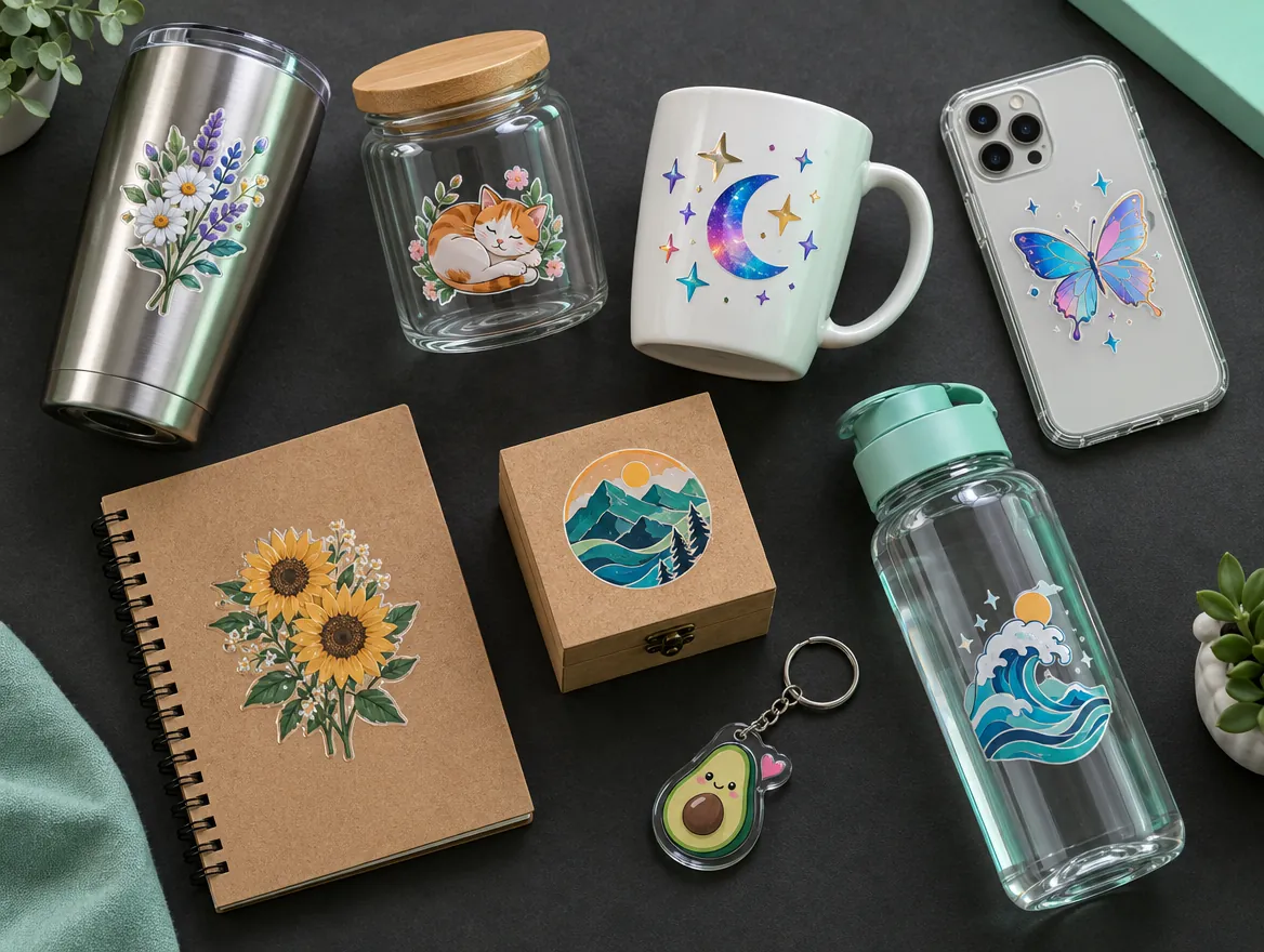 Copo de inox, pote de vidro, caneca, capinha de celular, caderno, caixa de MDF, chaveiro e garrafa decorados com adesivos DTF UV