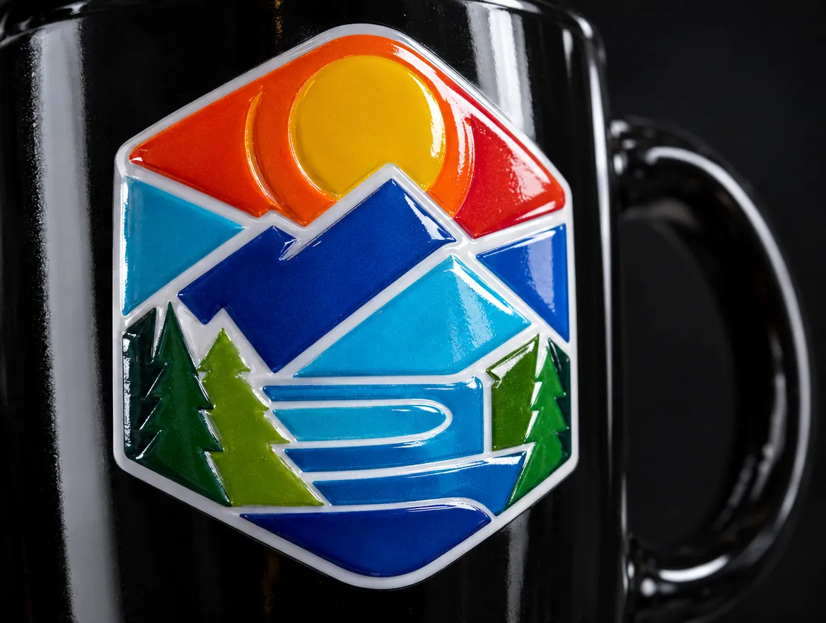 Detalhe de adesivo DTF UV com relevo de verniz brilhante aplicado em uma caneca preta
