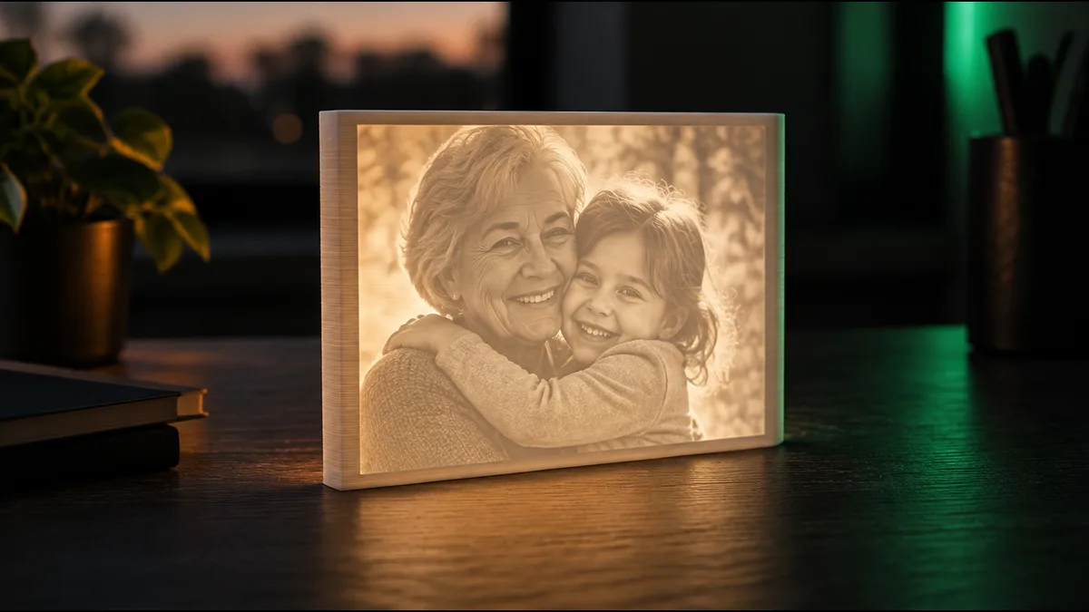 Litofania impressa em 3D iluminada por trás mostrando a foto de uma avó abraçando a neta