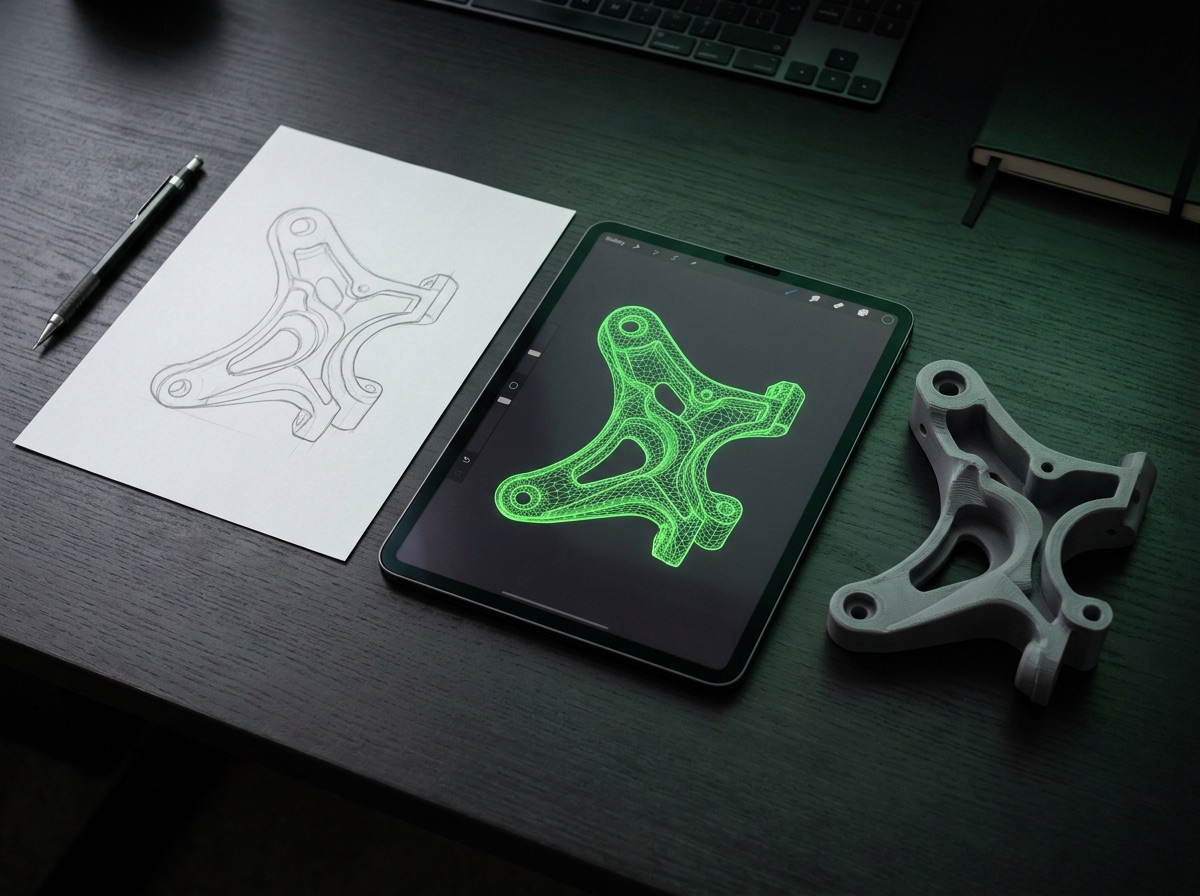 Esboço a lápis, o mesmo modelo em wireframe 3D no tablet e a peça já impressa, lado a lado