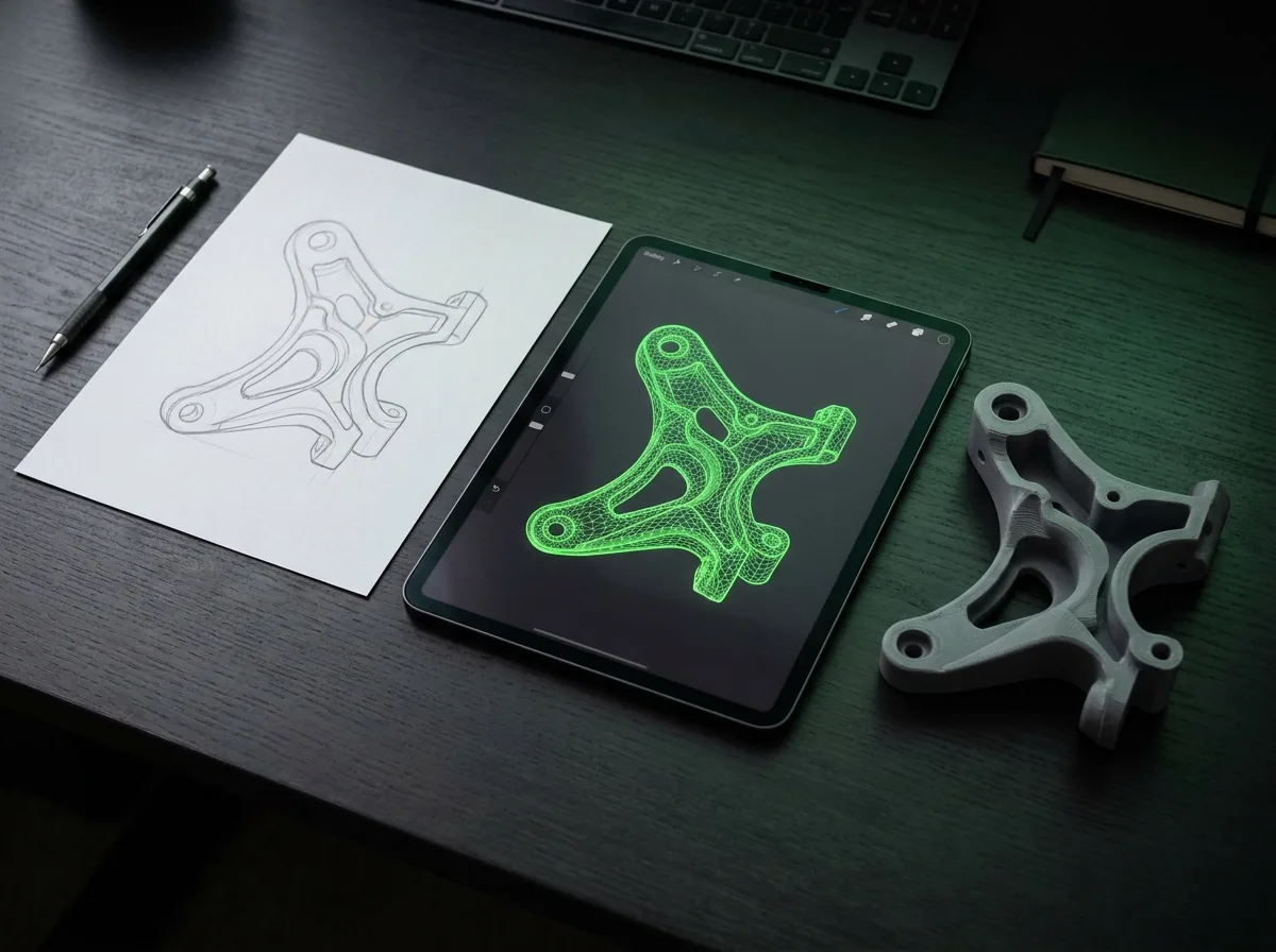 Esboço a lápis, o mesmo modelo em wireframe 3D no tablet e a peça já impressa, lado a lado