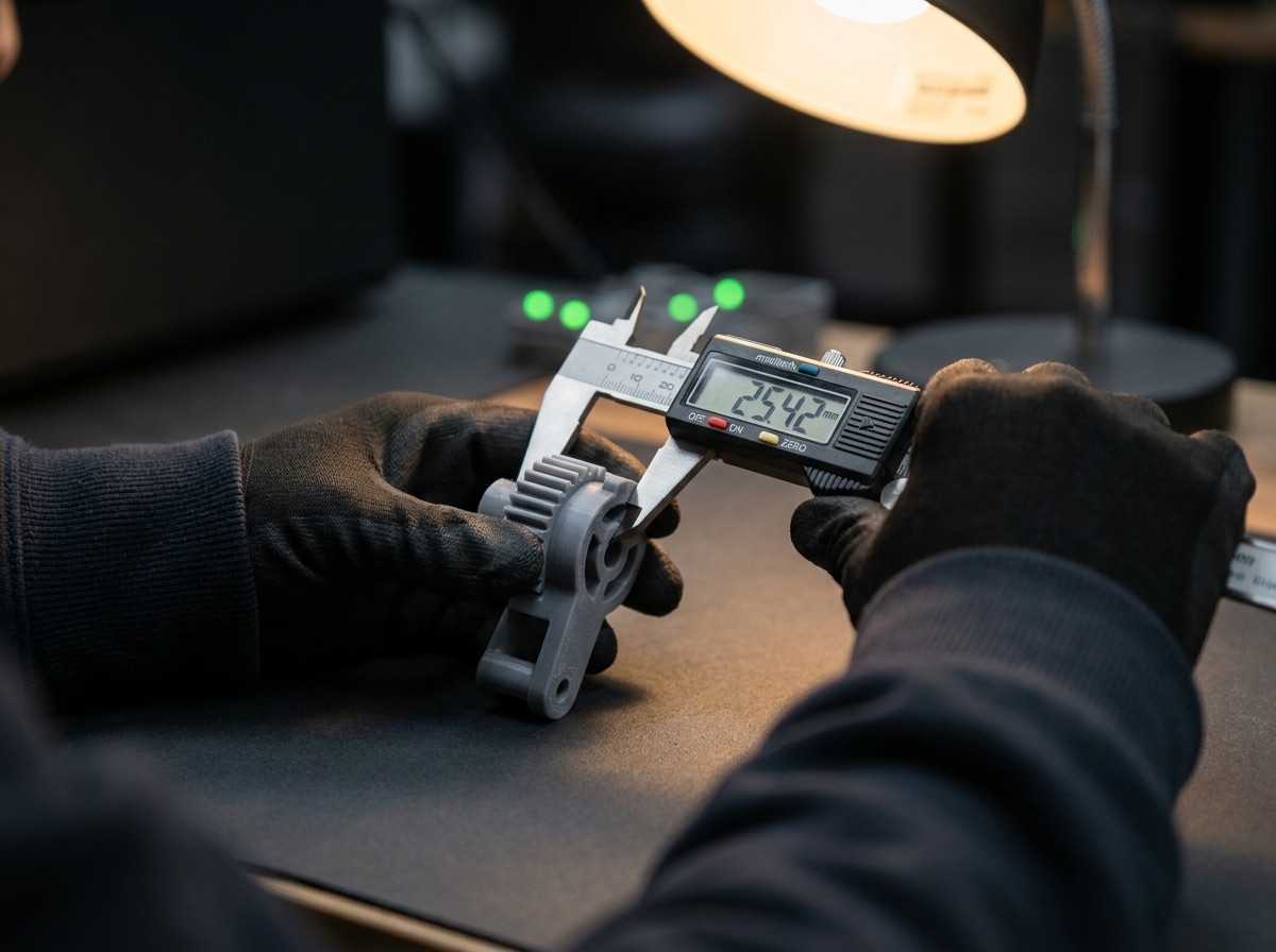 Peça impressa em 3D sendo medida com paquímetro digital antes do envio
